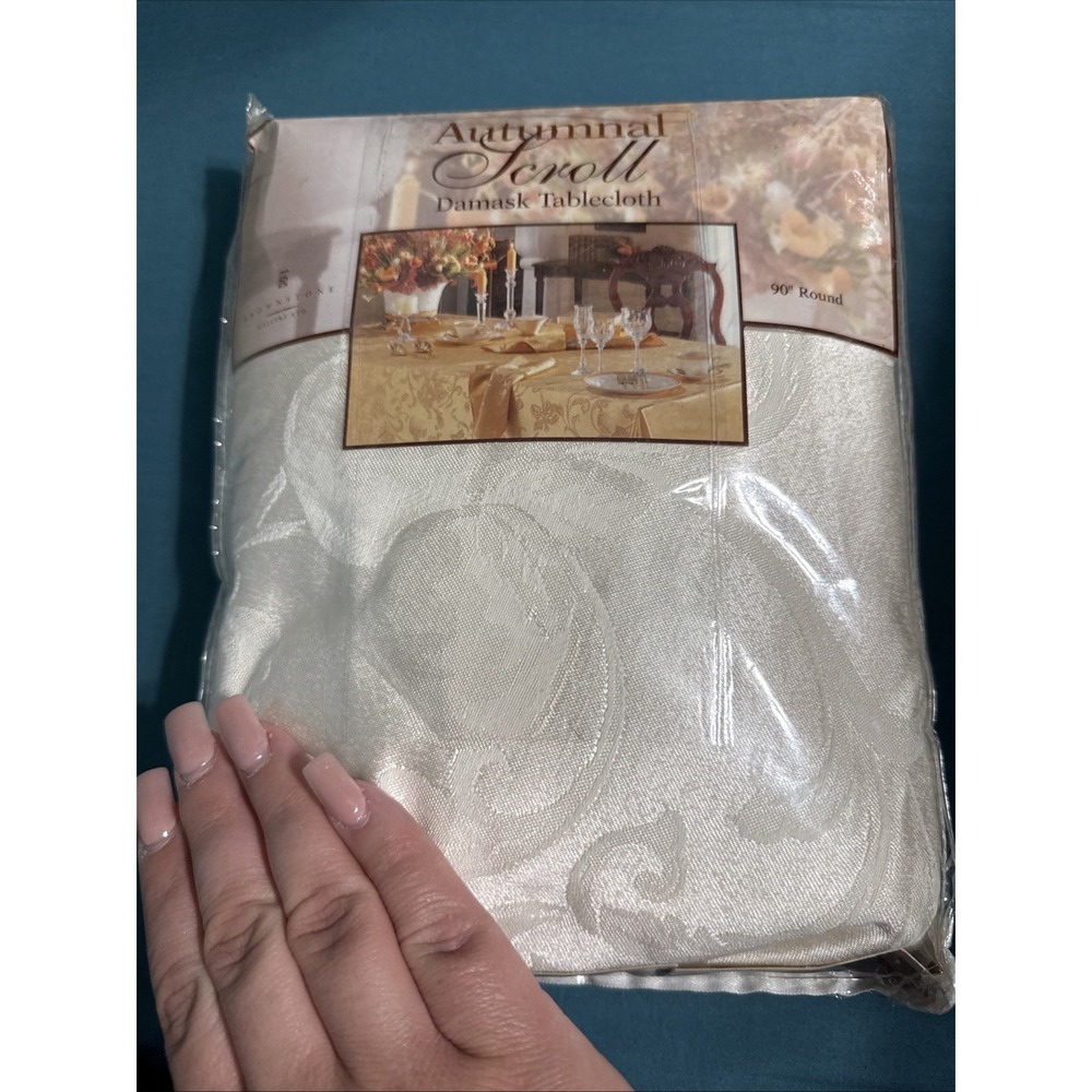 Damask Tablecloth 90" Round Autumnal Scroll Ivory Seats 6-8